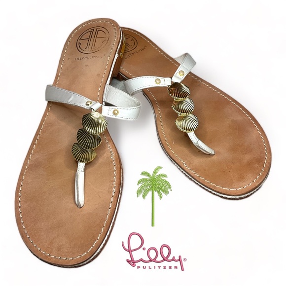 Lilly Pulitzer Leather Thong Sandals with Gold Sea Shell Accent Flip Flop 9M - Picture 2 of 2